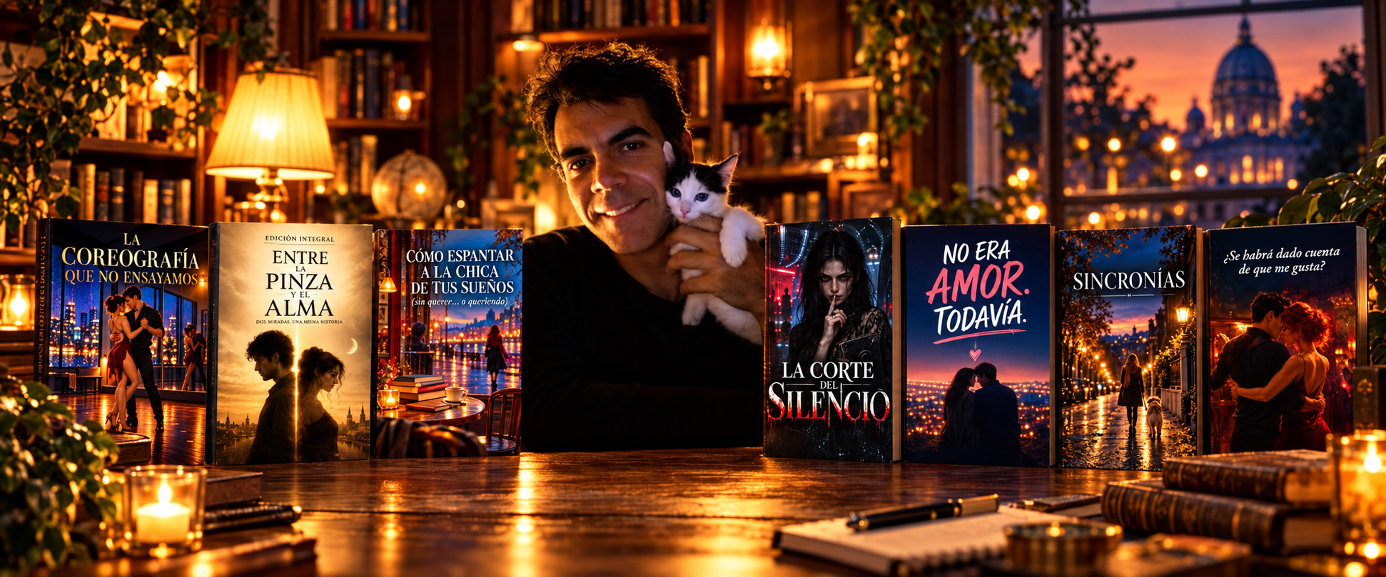 Juan Antonio con su gatito, rodeado de las siete portadas de sus libros en una biblioteca