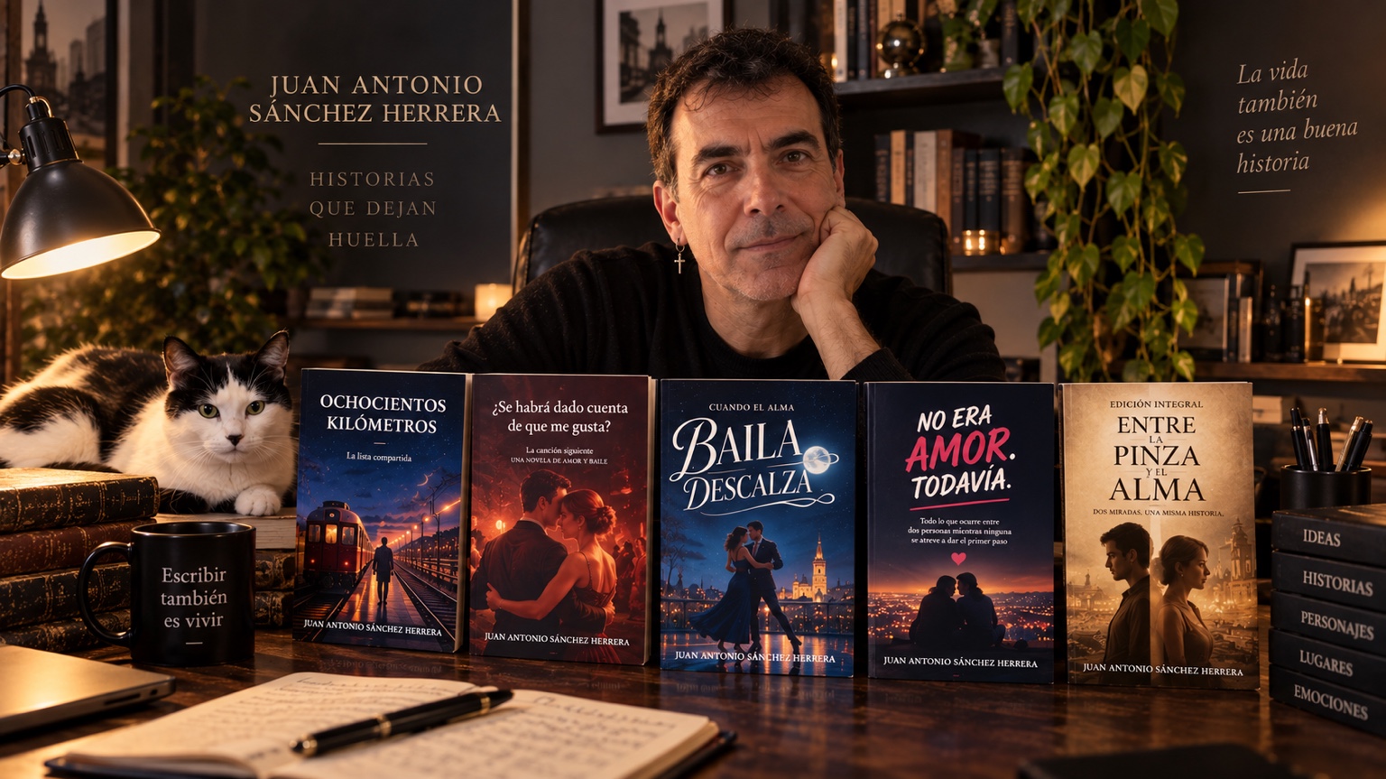 Juan Antonio Sánchez Herrera en su mesa de escritor junto a varios de sus libros